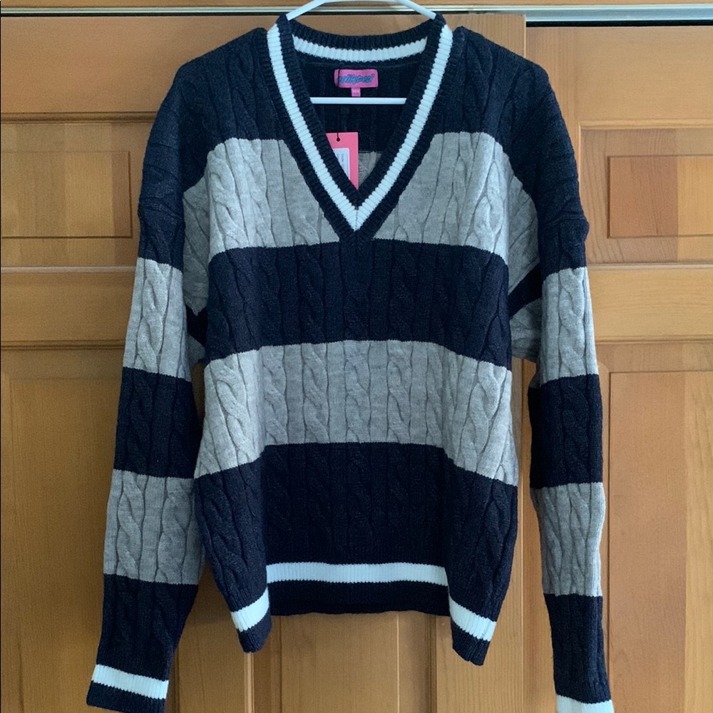 Edikted Black and Gray V-Neck Sweater with Textured Stripes